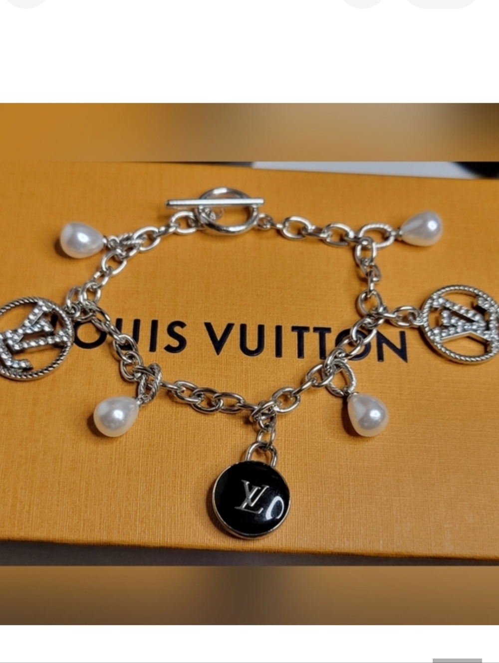 Louis Vuitton Silver Zipper Pulls, Pearl Toggle Charm Bracelet, Custom Sizes